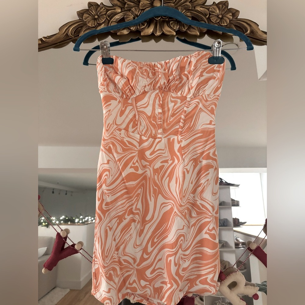 Sky to moon orange and white strapless mini dress